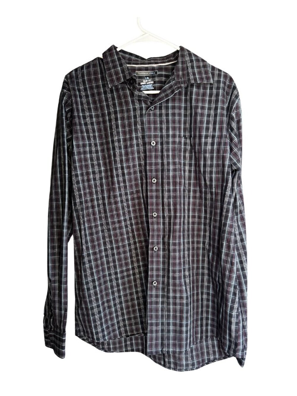 Van Heusen Studio Shirt Mens Large Slim Fit Black & Red Plaid Long Sleeve Button